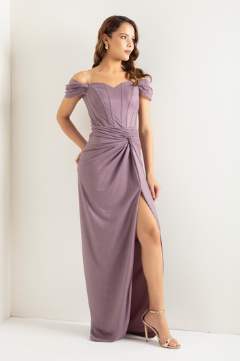 Lafaba Women's Lavender Double Breasted Lined Long Glitter Evening Dress with Corset Detail