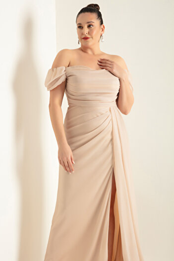 Lafaba Women's Beige Boat Neck Draped Slit Long Glitter Evening Dress