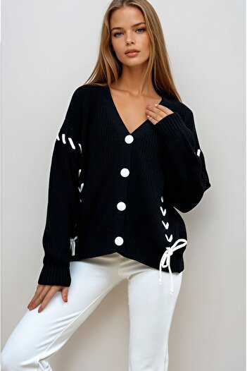 VAGGON Women's Black V-Neck Buttoned Lace Detailed Knitted Knitwear Cardigan Prm1198