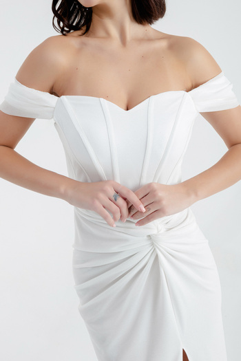 Lafaba Women's White Double Breasted Lined Corset Detailed Long Glitter Evening Dress