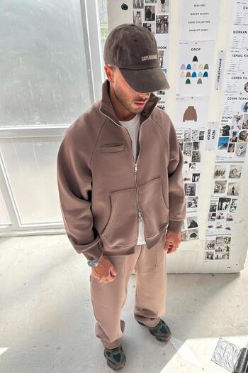 HAFKAGİYİM Ανοιχτό καφέ Cozy Basic Φούτερ με διπλό φερμουάρ Oversize