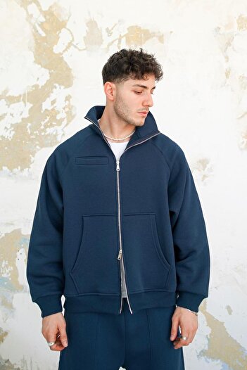 HAFKAGİYİM Μπλουζάκι Navy Blue Cozy Basic με διπλό φερμουάρ Oversize