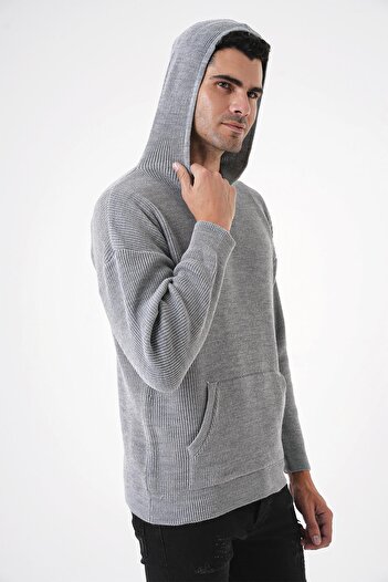 CHUBA Erkek Selanik Örgü Kapüşonlu Ve Cepli Standart Kesim Triko Kazak Gri 25w2002