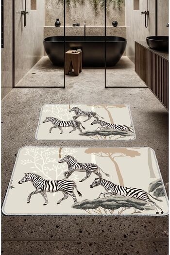 Artızon Zebra Patterned Bath Mat Set – Non-Slip Base, Washable (50X60, 60X90 cm) Set of Two
