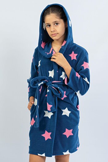 VİENETTA Girl's Fleece Hooded Indigo Dressing Gown C1T0N3O181