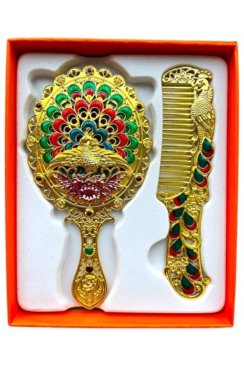 GALATA GIFT Ayna Tarak Seti, Tavuskuşu, Metal, Çeyizlik, Hediyelik Set, Mineli, Canlı Renkli Düğün Seti 15x12