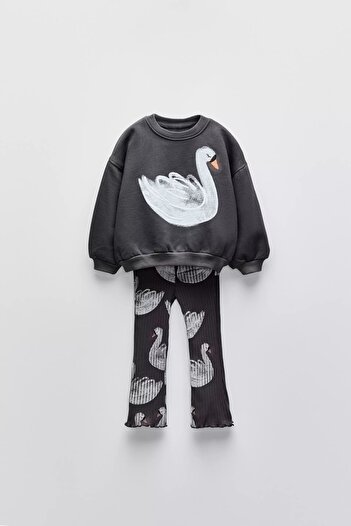Ladin Store Yeni Sezon Kız Çocuk Kuğu Deseni Baskılı Pamuklu Sweatshirt ve Fitilli Taytlı Alt-Üst Takım
