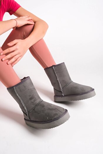 Moda Değirmeni Gray Suede Women's Wendy Medium Size Boots with Fur Inside