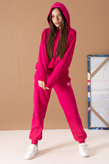 Cansın Mini Fuchsia Hooded Girl's Tracksuit Set - 19594