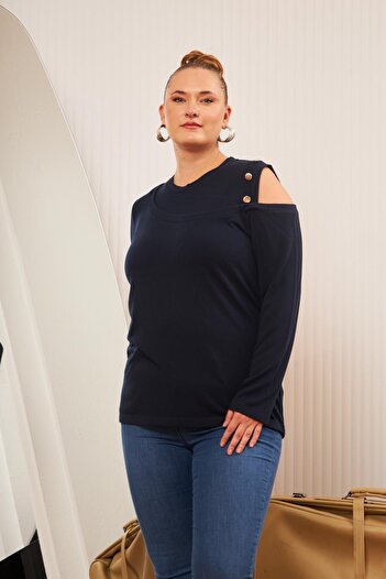 RMG Large Size Shoulder Detail Knitted Blouse Navy Blue