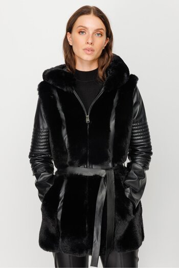 Moda İlgi Modailgi Hooded Fur Detailed Leather Coat Black