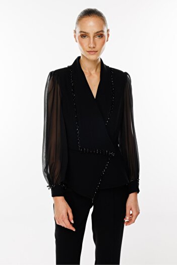 Moda İlgi Black Short Jacket - Fashion and Bead Detailed