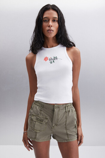 GRIMELANGE Terena Women's Print Detailed Round Neck Thick Strap Organic Cotton Knitted White Blouse