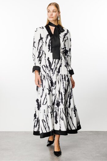 Moda İlgi Black Long Dress - Modailgi, Tie Detail and Jacquard