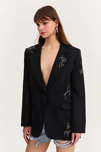 Quzu Heart Blazer Jacket with Stone Accessories Black