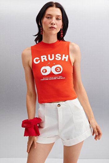 GRIMELANGE AZURA Red Crop Short Sleeve Women's T-Shirt - Printed
