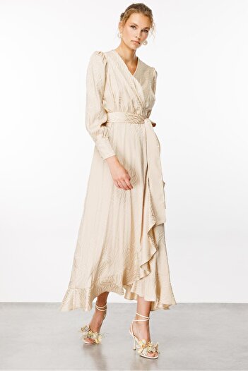 Moda İlgi Stone Colored Fashionable Jacquard Double Breasted Dress