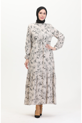 sefamerve Buttoned Front Lace up Linen Dress 0520-01 Beige Black