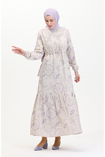 sefamerve Beige Lilac Linen Dress - Buttoned Front and Laced 0520C-03