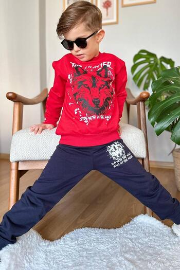 Riccotarz Boy's Red Tracksuit Set with the Hunter Text and Wolf Detail