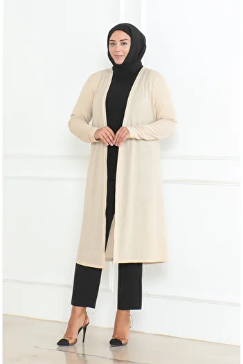 sefamerve Beige Colored Plus Size Long Seasonal Mother Cardigan - 8740-02