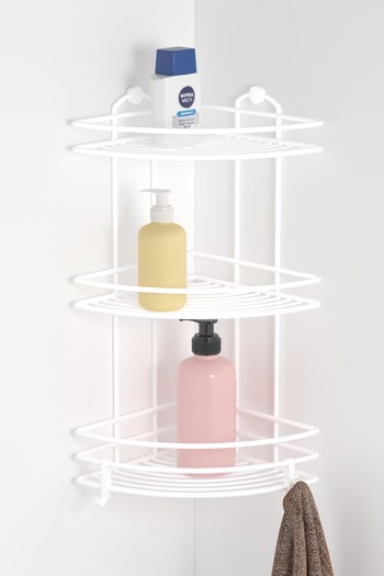Teknotel White Three Tier Bathroom Corner Shelf with Hooks - Bk023H