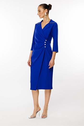Moda İlgi Saks Blue Modailgi Midi Length Three Quarter Sleeve Dress - Pleat Detail on the Waist