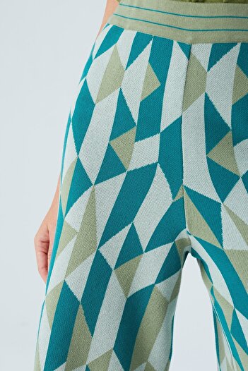 Peraluna Lena Trouser %100 Pamuk Geometrik Retro Desenli Kadın Triko Pantolon - Multi Yeşil