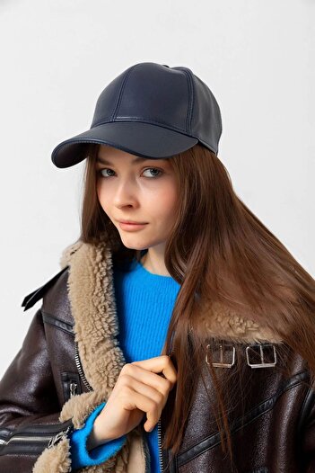 REMSA Navy Blue Leather Women's Cap Hat - Rkş-08