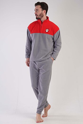 VİENETTA Men's Long Sleeve Fleece Gray Pajamas Set C2T8N1O303