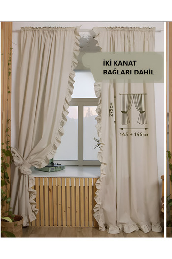 Perdeplus Bohemian Style 2 Blades Vertical Ruffle Cotton Background Curtain