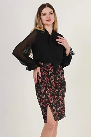 rapellin Φόρεμα Plus Size με λεπτομέρεια με δέσιμο και σχισμή 1790-Μαύρο
