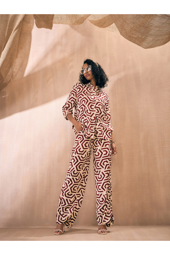 Sassafras By Styli Geometric Shirt & Ruched Hem Pants Co-Ords