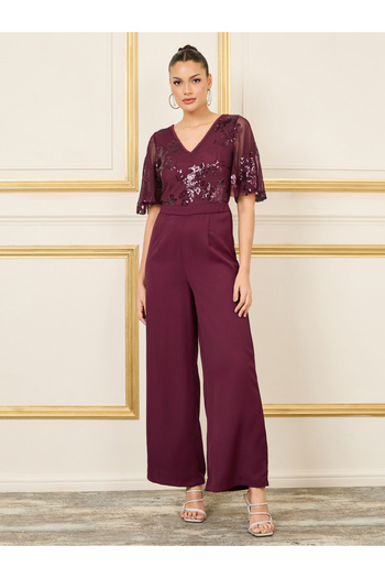 Styli Sequin Detail Mesh Insert Wide Leg Jumpsuit