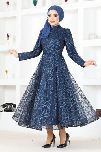 ModaMerve Navy Blue Tulle Evening Dress - Ygs6421 Model