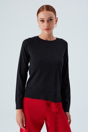 Peraluna Vanessa - Merino Wool Side Slit Thin Women's Knitwear Pullover Sweater - Anthracite Melange
