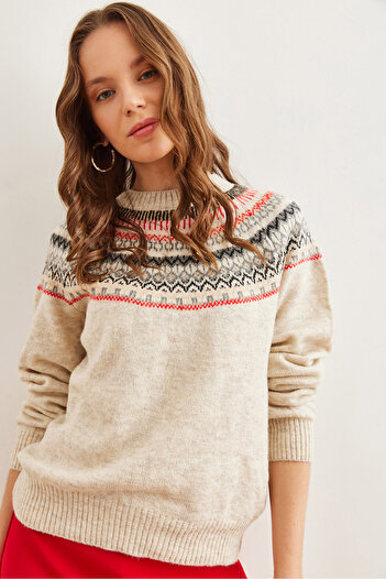 Olalook Women's Stone Collar Patterned Soft Textured Knitwear Sweater Kzk- 19000846