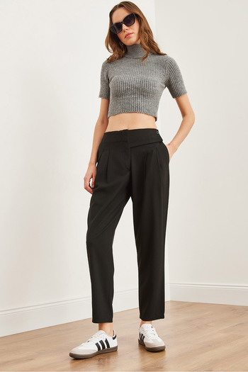 Olalook Women's Black Waist Detailed Pleated Polyviscose Carrot Trousers Pnt- 19000293