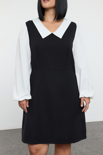 Trendyol Curve Μαύρο πουκάμισο γιακάς Tweed Woven Plus Size Φόρεμα TBBAW25AH00098