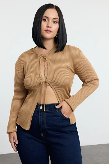 Trendyol Curve Corded Cut Brown Knitwear Cardigan - Soft Key Tbbaw25Av00019