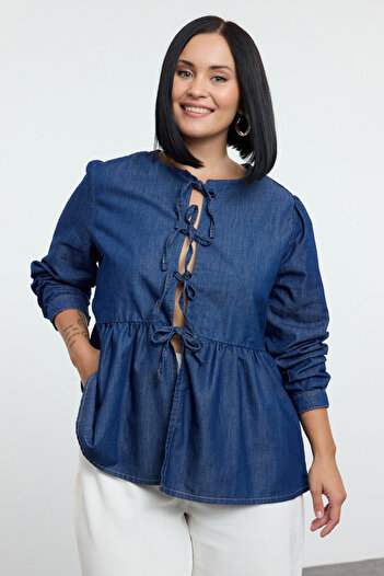 Trendyol Curve Dark Blue Front Tie Detail Plus Size Denim Shirt