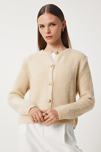 Happiness İstanbul Damen Dunkelcreme Bouclé Strickjacke Cardigan YY00117