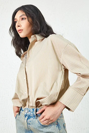 EDITION Beige Oversize Cotton Satin Shirt - Comfortable Fit, Thin Striped |   Additional 334864 -7432