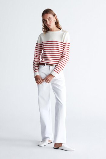 Peraluna Styleboom X Audrey Pullover Shoulder Buttoned Striped Organic Cotton Seasonal Women's Knitwear Sweater