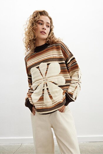 Peraluna Amelia Pullover High Collar Flower Pattern Multicolor Organic Cotton Blend Women's Knitwear Sweater