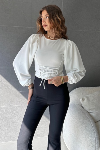 Fav Style Γυναικεία μπλούζα με μακρυμάνικο μπαλόνι με λαιμόκοψη με κορδόνι με λεπτομέρεια Crop μπλούζα λευκή