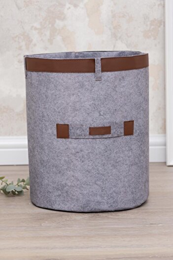 AYEM HOME Multi-Purpose Round Organizer Basket with Leather Stripes, 33X25Cm, Mega Size, Gray Color