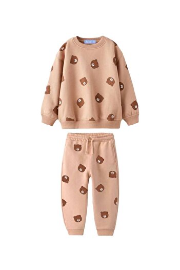 Lolliboomkids Unisex Kids Mini Teddy Bear Emoji Printed Sweatshirt and Tracksuit Set - Brown Tone, 3 Thread