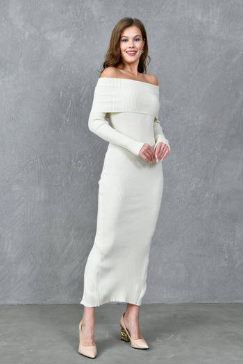 vuvutasarım Madonna Collar Long Sleeve Slit Detailed Midi Ecru Knitwear Dress 1170