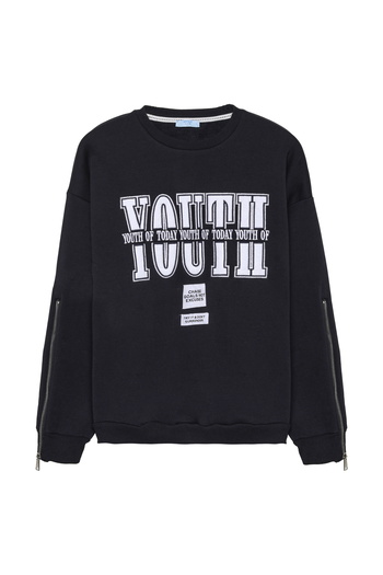 Quzu Φούτερ Navy Blue Oversize - Φερμουάρ στο μανίκι και τυπωμένο κείμενο